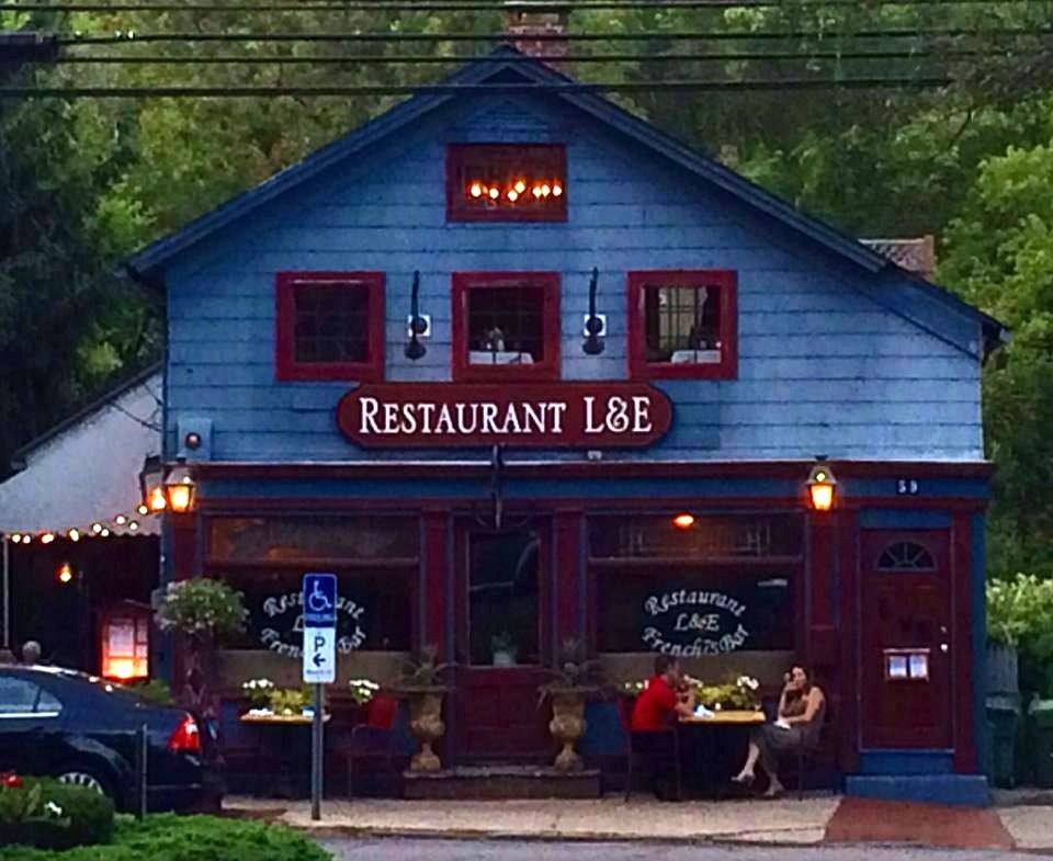 The restaurant from the street at dusk